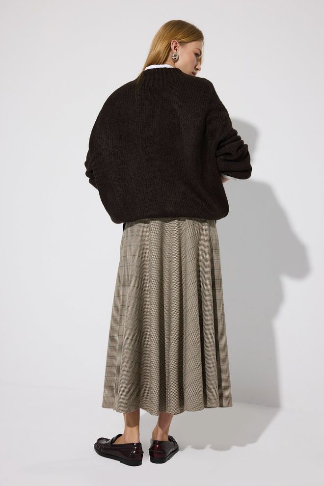 Touche Prive Elegant Beige Checkered Flared Maxi Skirt Wholesale Clothing Lounge