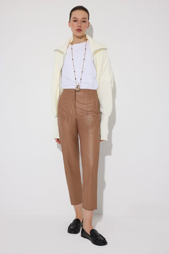 Touche Prive Brown Cigarette Pants High Waist Cropped Straight Leg Wholesale Clothing Casual