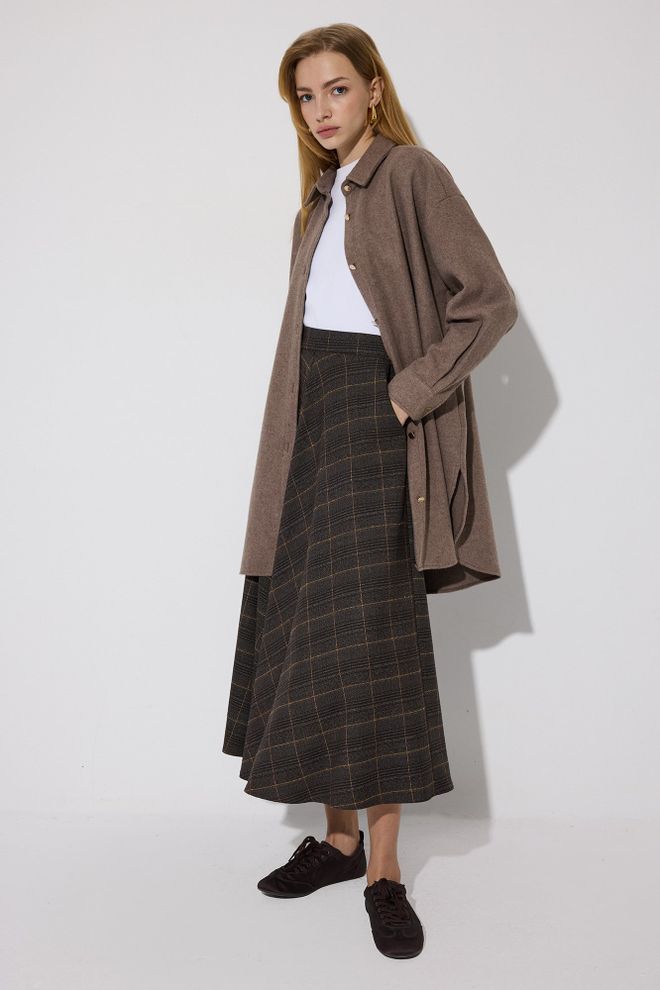 Touche Prive Коричневая Клетчатая Миди Расклешенная Юбка Оптовая продажа одежды Повседневный