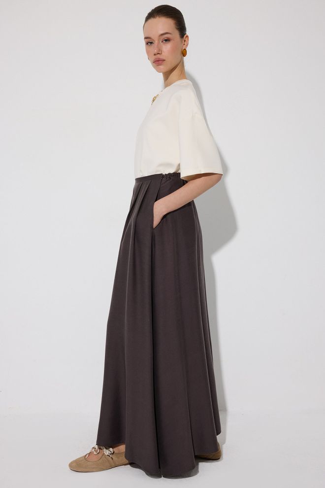 Touche Prive Brown Modest Elegant Casual Formal Maxi Flared Skirt Wholesale Clothing Spring