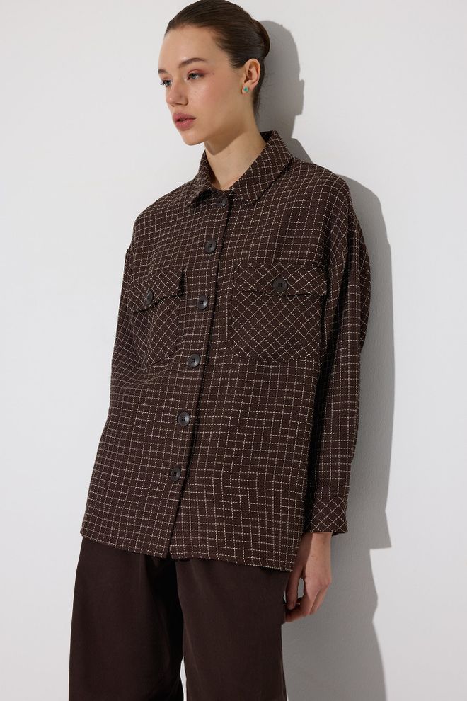 Touche Prive Коричневая Клетчатая Рубашка Оверсайз Оптовая продажа одежды Повседневный