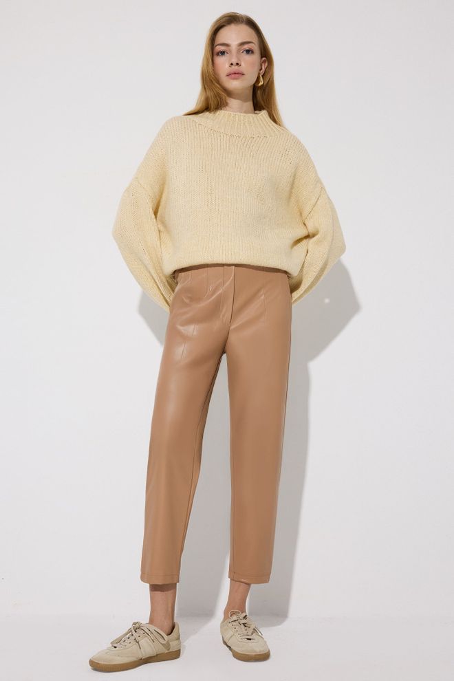 Touche Prive Brown High Waist Tapered Cropped Pants Wholesale Clothing Casual