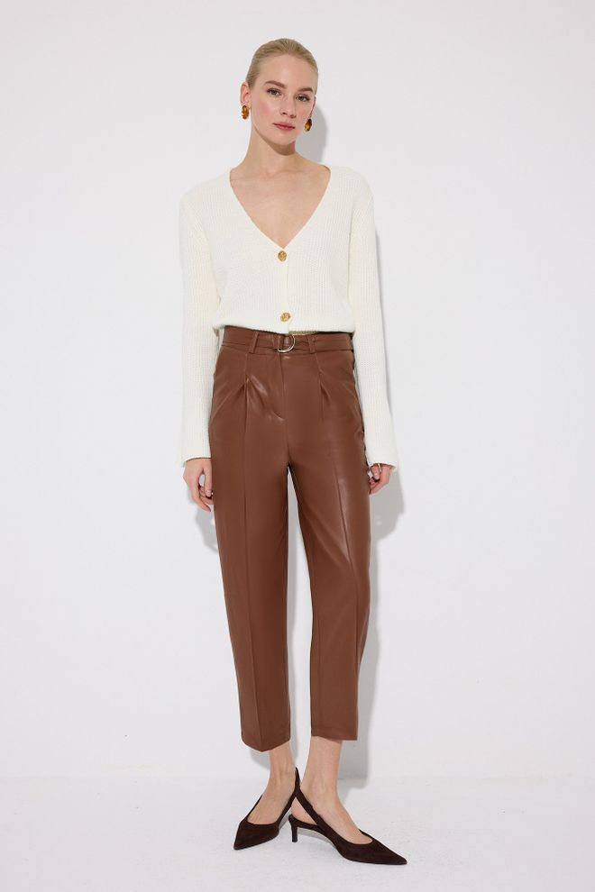 Touche Prive Brown Elegant Tapered Cropped Pants Wholesale Clothing 1