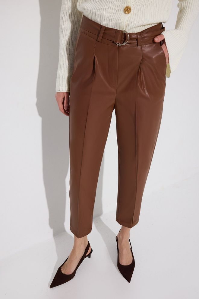Touche Prive Brown Elegant Tapered Cropped Pants Wholesale Clothing Vintage