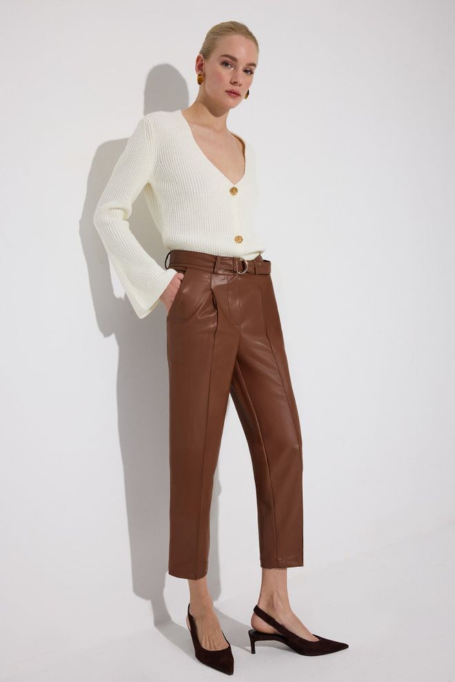 Touche Prive Brown Elegant Tapered Cropped Pants Wholesale Clothing Work