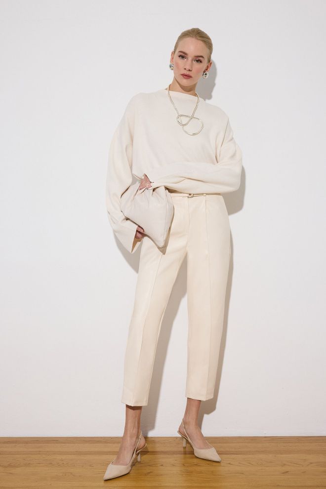 Touche Prive Beige Elegant High Waist Tapered Pants Wholesale Clothing Spring