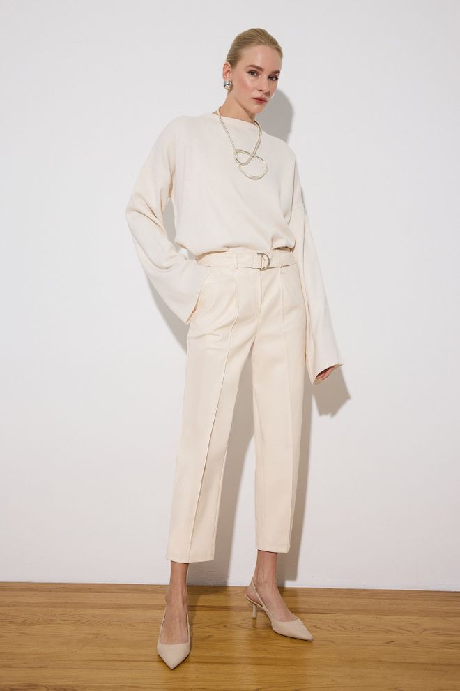 Touche Prive Beige Elegant High Waist Tapered Pants Wholesale Clothing Casual