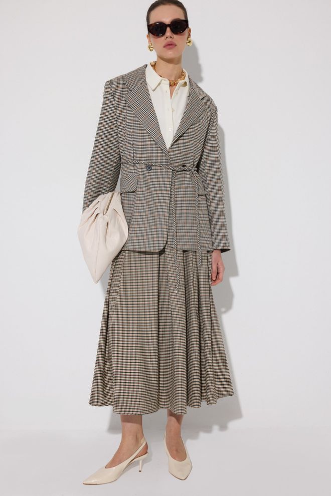 Touche Prive Beige A Line High Waist Checkered Midi Skirt Wholesale Clothing Vintage