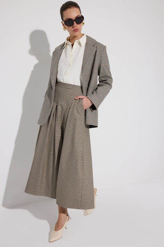 Touche Prive Beige A Line High Waist Checkered Midi Skirt Wholesale Clothing Modest