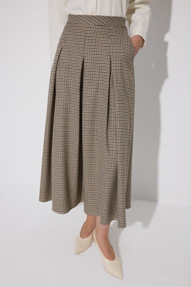 Touche Prive Beige A Line High Waist Checkered Midi Skirt Wholesale Clothing Work