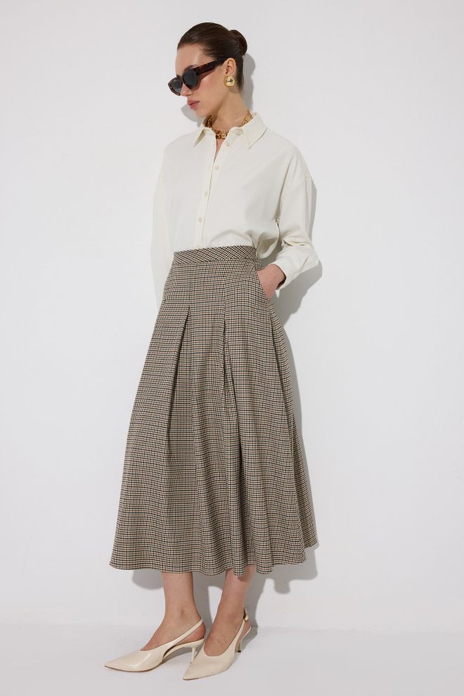 Touche Prive Beige A Line High Waist Checkered Midi Skirt Wholesale Clothing 1