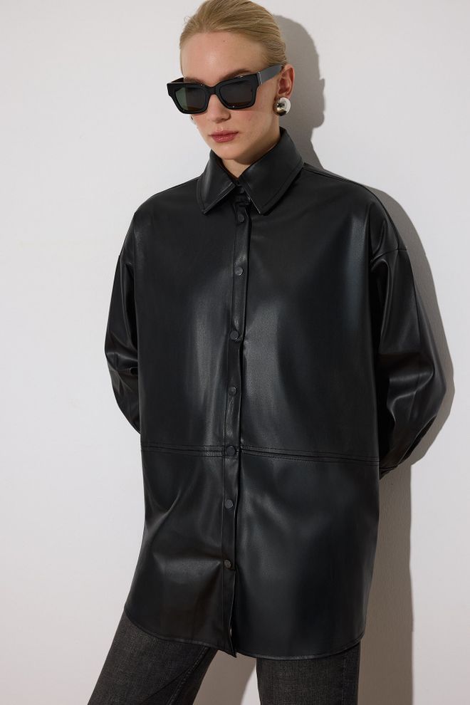 Touche Prive Chemise Noire Grande Taille Col Polo À Manches Longues Vêtements en gros Décontracté