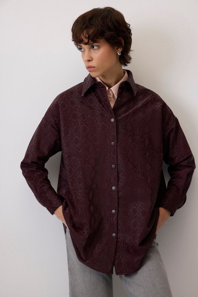 Touche Prive Chemise Rouge Bordeaux À Motif Animalier Oversize Longue À Encolure Échancrée Vêtements en gros Décontracté