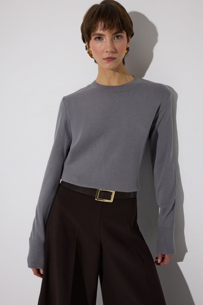 Touche Prive Pull Over Gris Élégant Décontracté Manches Longues Col Ras Du Cou Vêtements en gros Décontracté