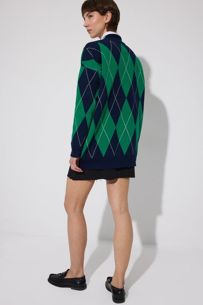 Touche Prive Cardigan Blu Navy Oversize Con Motivo Argyle Abbigliamento all'ingrosso Casuale