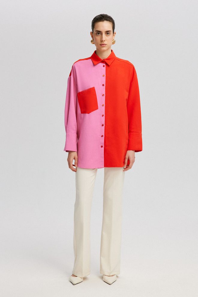Touche Prive Pembe Oversize Polo Yaka Renk Bloklu Gömlek Toptan Giyim Gündelik