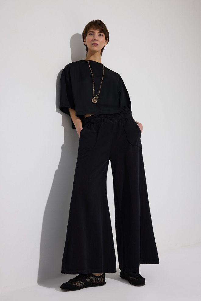 Touche Prive Black Palazzo Pants With Wide Leg And Drawstring Closure Wholesale Clothing Modest