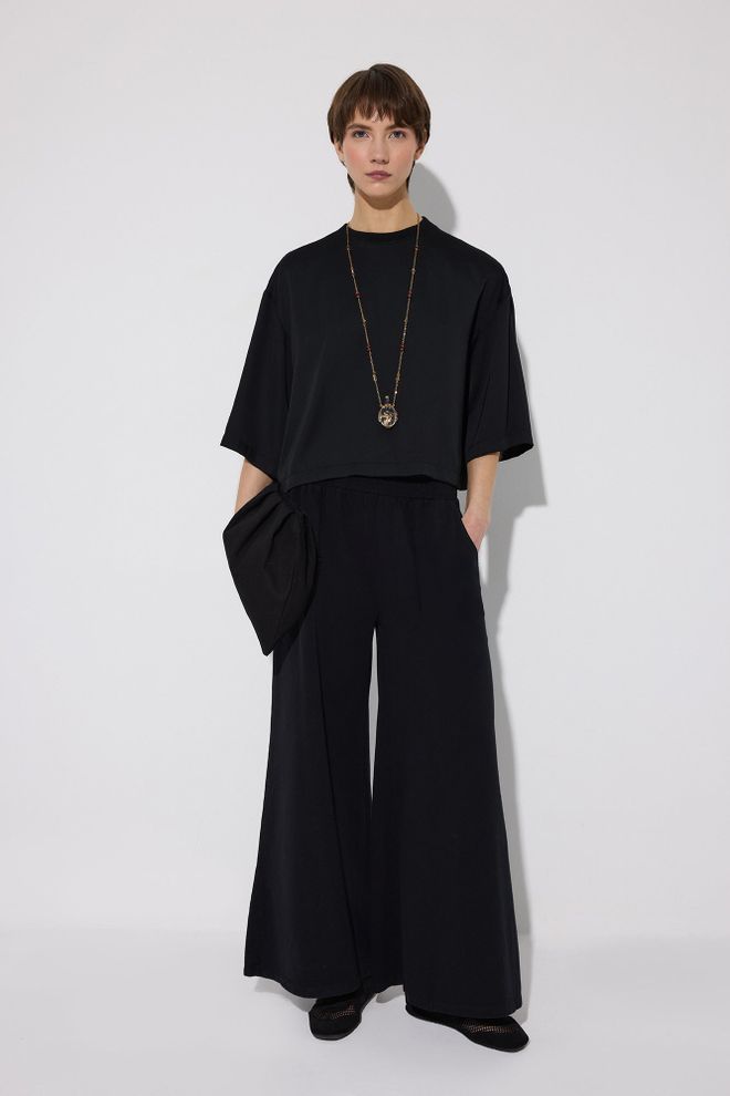 Touche Prive Black Palazzo Pants With Wide Leg And Drawstring Closure Wholesale Clothing Spring