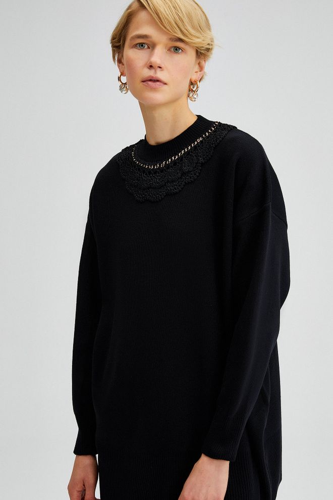 Touche Prive Black Elegant Oversized Crew Neck Sweater Wholesale Clothing 1