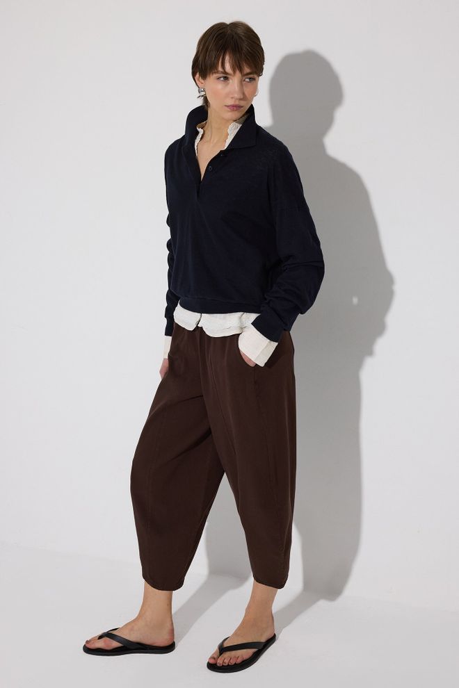 Touche Prive Brown Mom Pants With Wide Leg And Cropped Length Wholesale Clothing Beach