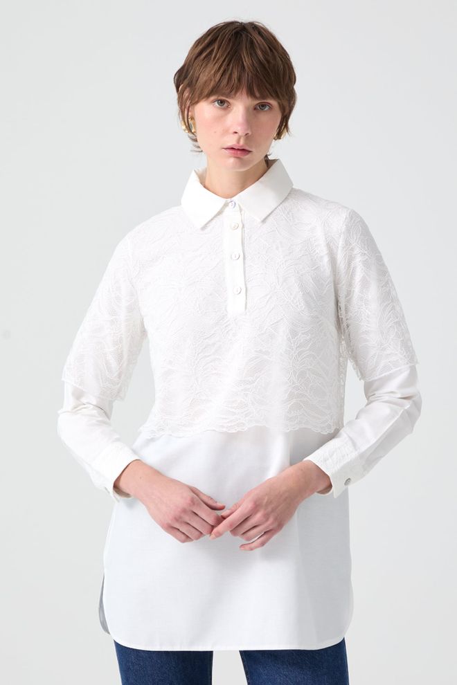 Touche Prive Tunica Bianca Floreale Con Bottoni E Collo Polo Abbigliamento all'ingrosso Modesto