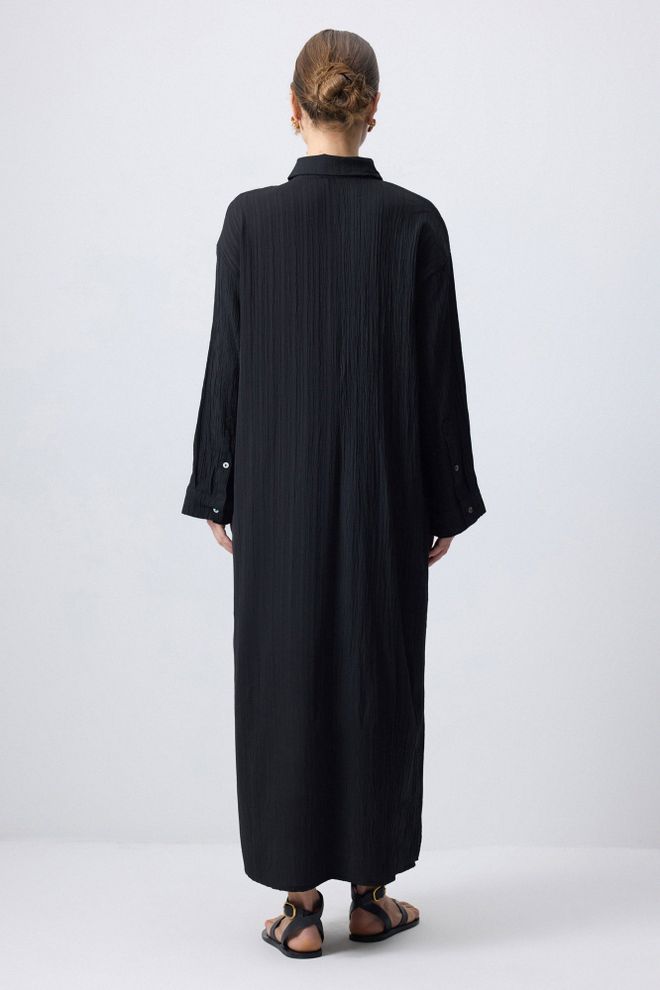 Touche Prive Μαύρο Μάξι Πουκάμισο Φόρεμα Με Γιακά Σάλι Χονδρικό εμπόριο ενδυμάτων Απλό