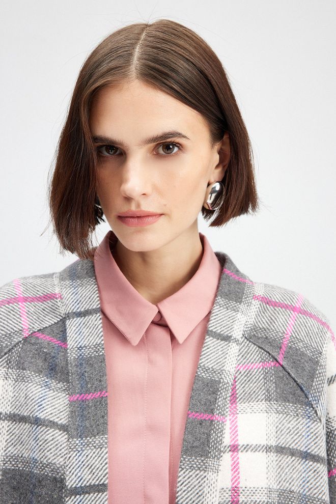 Touche Prive Pink Checkered Kimono With Notched Neck And Open Front Wholesale Clothing 5