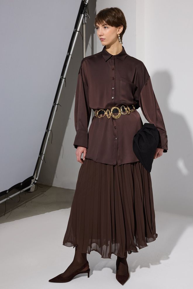 Touche Prive Brown Oversized Formal Shirt With Notched Neck Wholesale Clothing Work