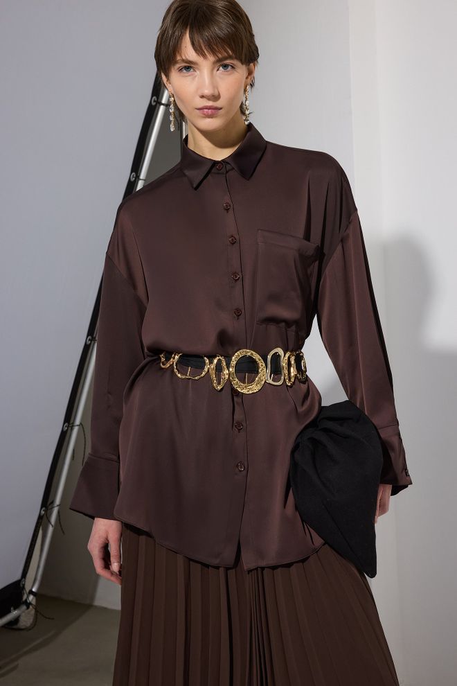 Touche Prive Brown Oversized Formal Shirt With Notched Neck Wholesale Clothing Spring