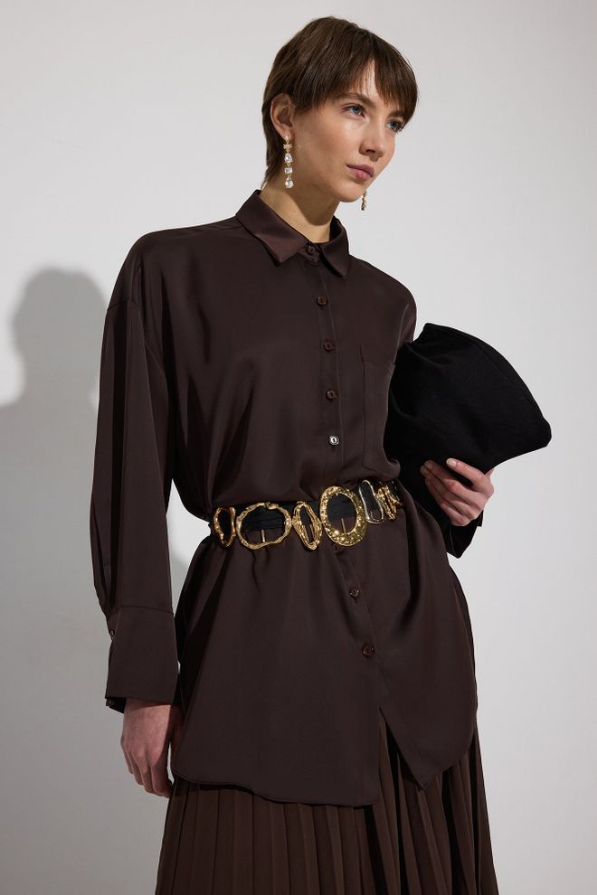 Touche Prive Brown Oversized Formal Shirt With Notched Neck Wholesale Clothing 1