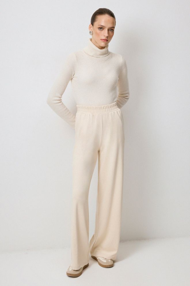 Touche Prive Μπεζ Παντελόνι Palazzo Με Ψηλή Μέση Και Φαρδιά Πόδια Χονδρικό εμπόριο ενδυμάτων Απλό