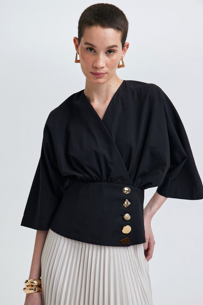 Touche Prive Μαύρη Κομψή Μπλούζα Με V λαιμόκοψη Και Μανίκια 3/4 Χονδρικό εμπόριο ενδυμάτων Casual