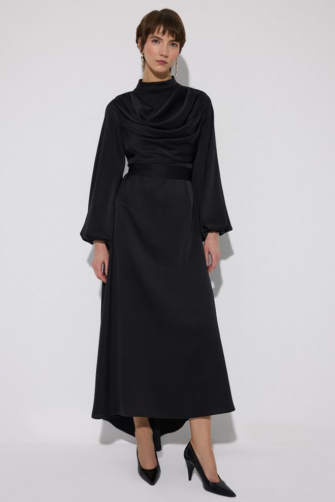 Touche Prive Czarna Elegancka Sukienka Midi W Linii A Z Rękawami Balonowymi Hurtowa sprzedaż odzieży Formalny