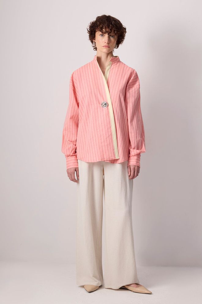 Touche Prive Túnica Rosa A Rayas Con Cuello Chal Ropa al por mayor Modesto