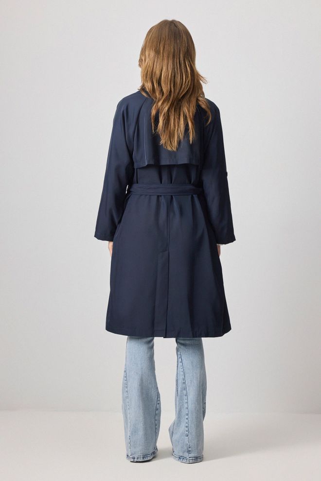 Touche Prive Trench Coat Bleu Marine Élégant Simple Boutonnage Classique Vêtements en gros Décontracté