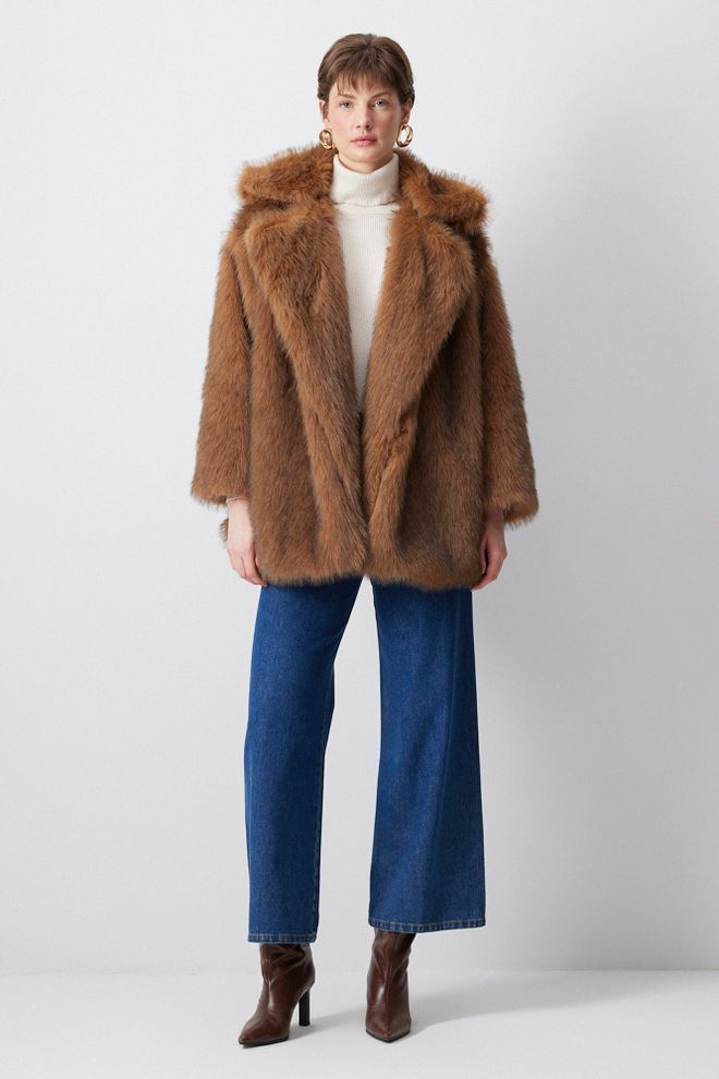 Touche Prive Brown Fur Oversized Fit Coat With Notched Collar Wholesale Clothing 1