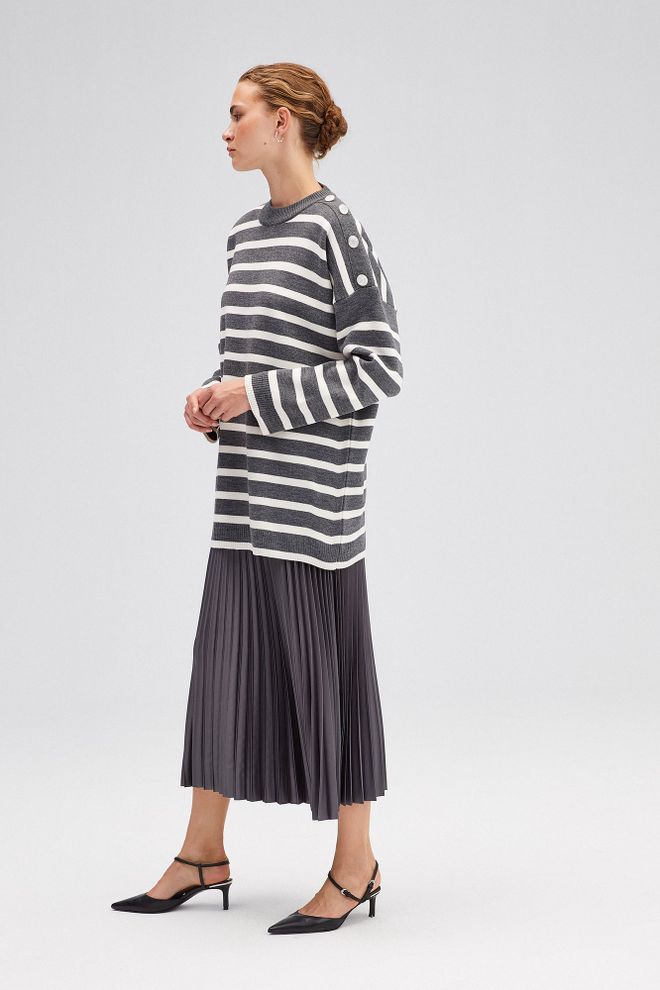 Touche Prive Túnica Gris A Rayas Oversized Con Cierre De Botones Ropa al por mayor Modesto