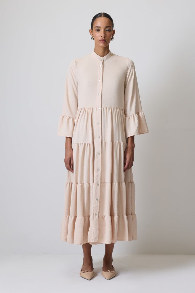 Touche Prive Vestido Camisa Midi Beige Modesto Con Mangas Con Volantes Ropa al por mayor Modesto