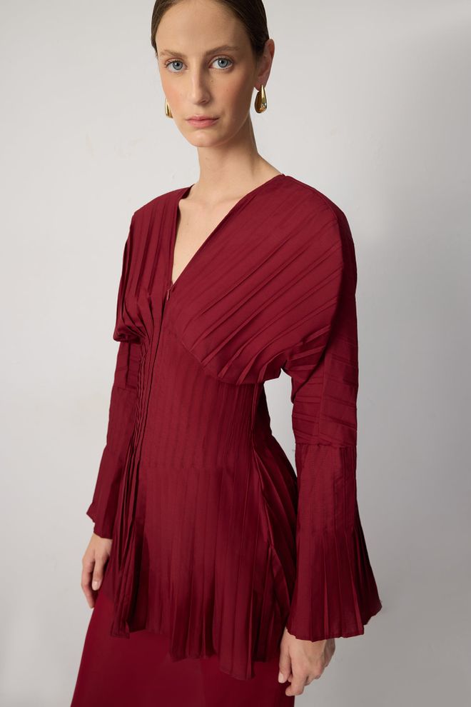 Touche Prive Bordeauxrode Elegante V hals Zip up Tuniek Groothandel Kleding Formeel