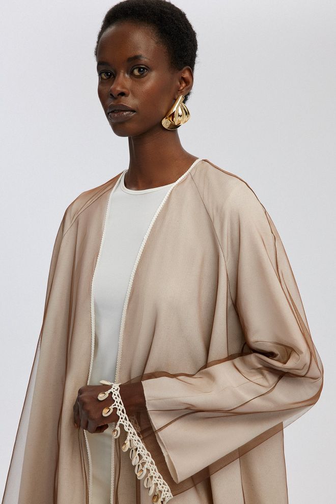 Touche Prive Beige Kimono Elegant Ethnic Long Bell Sleeve V Neck Wholesale Clothing Work