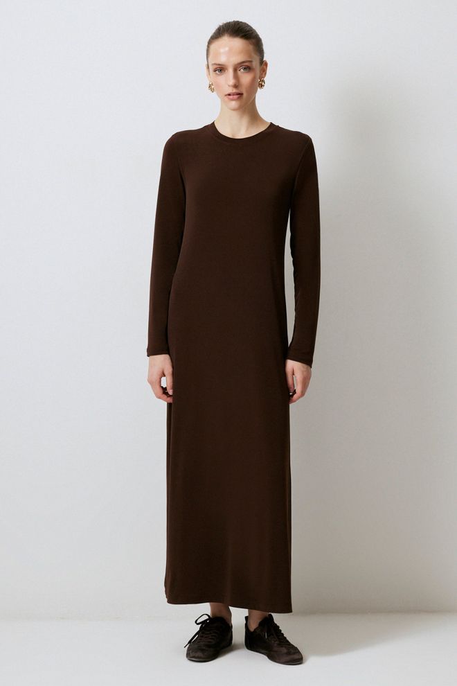 Touche Prive Brown Maxi Sweater Dress With Long Sleeves Wholesale Clothing Modest