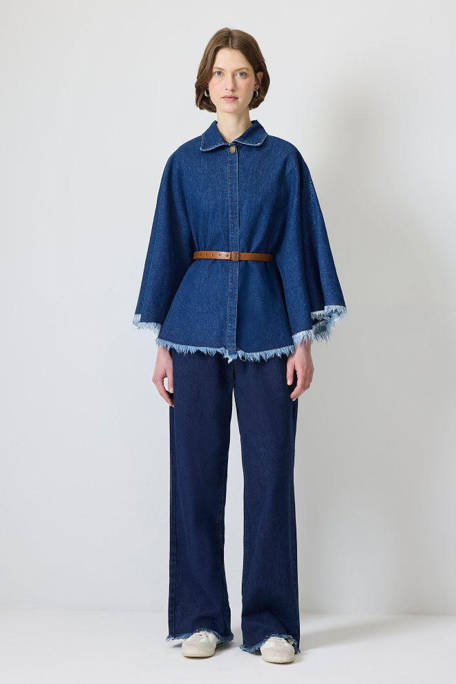 Touche Prive Plavo Casual Boho Pončo S Polo Izrezom I Oversize Krojem Veleprodaja odjeće Ležerni