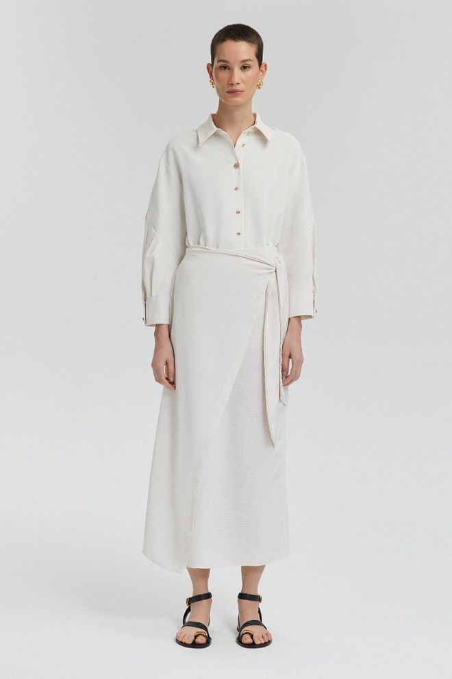 Touche Prive Weißer Wickel Midi Rock Mit Hoher Taille Und Bindung Großhandelskleidung Modest