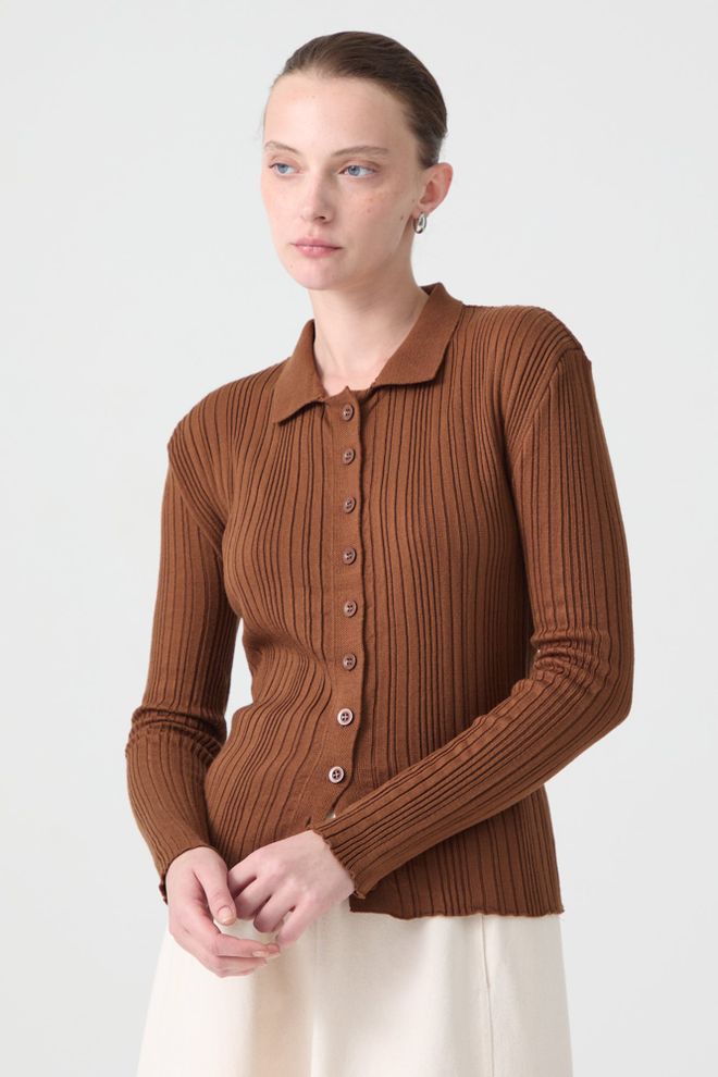 Touche Prive Brown Striped Slim Fit Polo Neck Blouse Wholesale Clothing Casual