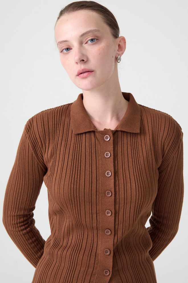 Touche Prive Brown Striped Slim Fit Polo Neck Blouse Wholesale Clothing 1