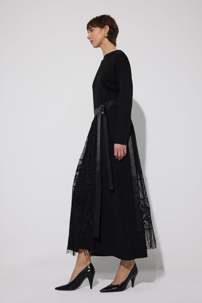 Touche Prive Schwarzer Eleganter Maxi Wickelrock Mit Hoher Taille Großhandelskleidung Modest