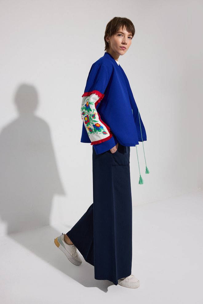 Touche Prive Navy Blue Palazzo Pants With Wide Leg And Patch Pocket Wholesale Clothing Casual