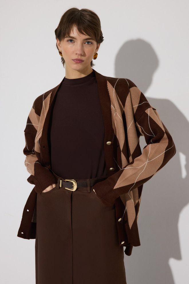 Touche Prive Brown Argyle Oversized V Neck Cardigan Wholesale Clothing 1