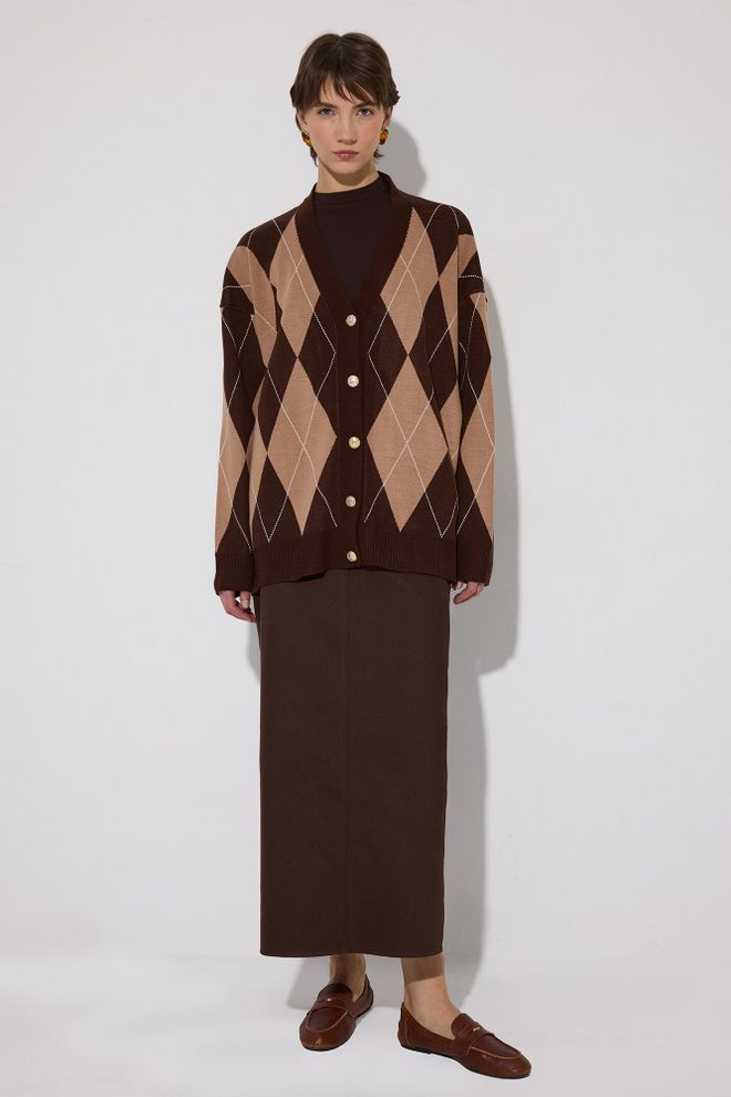 Touche Prive Brown Argyle Oversized V Neck Cardigan Wholesale Clothing Vintage