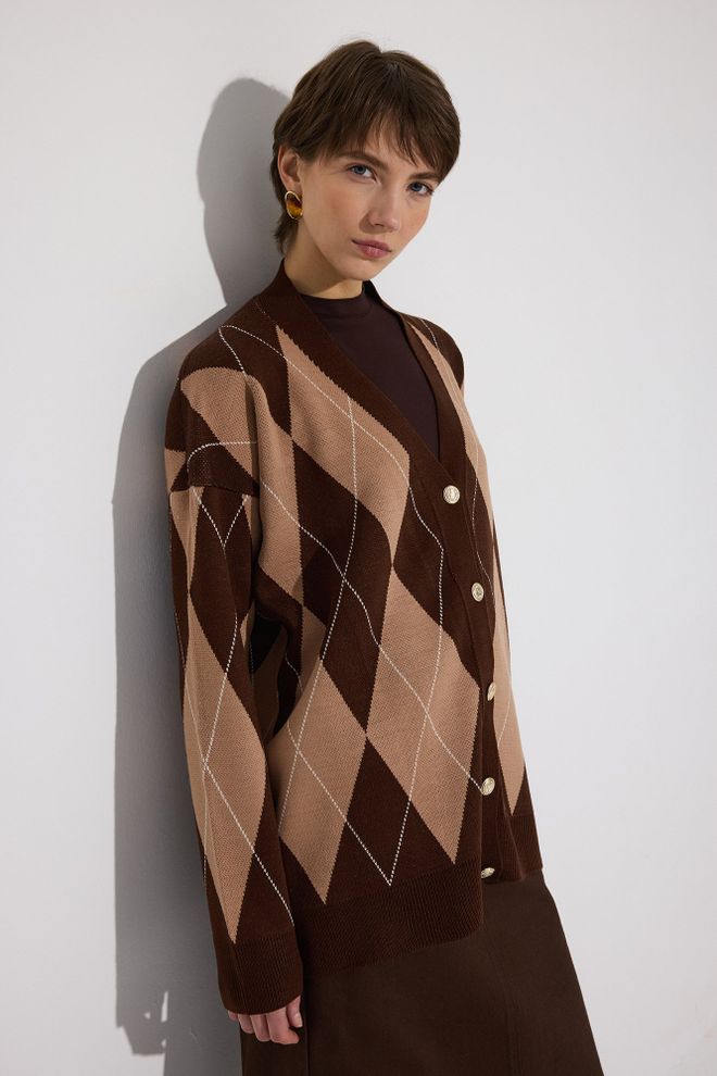 Touche Prive Жилетка Кафяв Аргайл С V образно Деколте И Свободна Кройка Дрехи на едро Небрежен